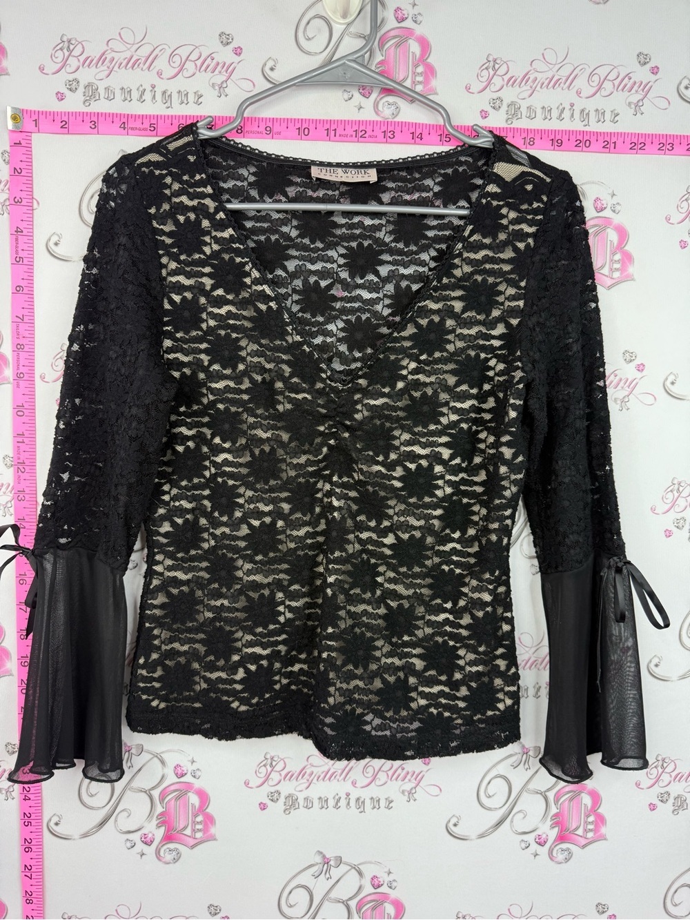 The work connection shirt bow Black Lace V-Neck Blouse with Sheer Bell Sleeves